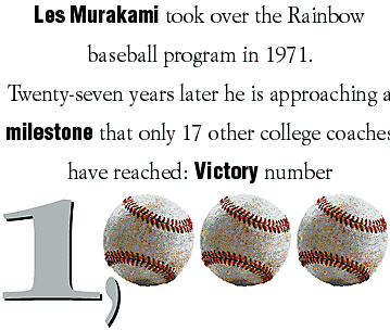 Les Murakami took over the Rainbow baseball program in 1971. Twenty-seven years later he is approaching a milestone that only 17 other college coaches have reached: Victory number 1,000
