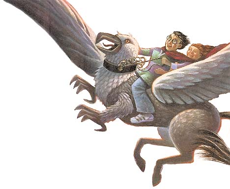 Harry astride a griffin