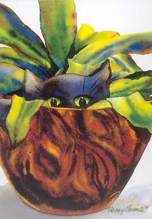 Peggy Chun Hawaii Watercolor Painting Print Popoki & Spider Boo Black Cat