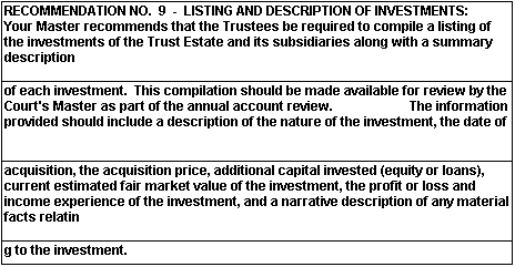RECOMMENDATION NO. 9 - LISTING AND DESCRIPTION OF INVESTMENTS: