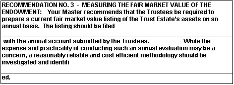 RECOMMENDATION NO. 3 - MEASURING THE FAIR MARKET VALUE OF THE ENDOWMENT: Your Master recommends that the Trustees be required to prepare a current fair market value listing of the Trust Estate's assets on an annual basis. The listing should be filed with the annual account submitted bythe Trustees. While the expense and practicality of conducting such an annual evaluation may be a concern, a reasonably reliable and cost efficient methodology should be investigated and identified.